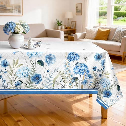 Arquiel Spring Summer Flowers Tablecloth Waterproof, Blooming Hydrangea Table Cloth Rectangle Stain Resistant, Washable Table Cover for Home Kitchen Dining Party Decoration (55×70 Inch)