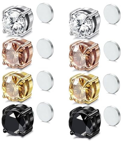 Airokiy Magnet Earrings for Women Non Pierced 8mm Cubic Zirconia Magnetic Earrings Women Jewelry Magnetic Studs 4 Pairs