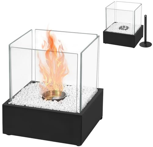 PEILU Bioethanol Tischkamine Quadrat Ethanol-Kamine mit Windschutzscheibe, Löschhilfe, Deko Steine & Metall Sockel Tischfeuer Verstellbare Flamme für Garten Terrasse Balkon Wohnzimmer Tisch Deko