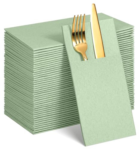 60 Pcs Sage Green Linen-Feel Paper Napkins with Built-in Flatware Pocket, Pocket Linen Napkin Prefolded Cloth Like Paper Napkins Bulk for Silverware Wedding Baby Shower Birthday Bridal Party