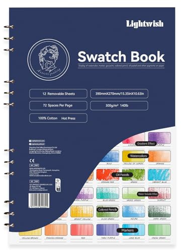 Lightwish Cuaderno de Muestras de Acuarela - 12 Hojas Desprendibles 100% Algodón 72 Espacios, 39.0 x 27.0 cm, 300gsm/140lb Hot Press para Acuarela, Gouache y Cretacolor