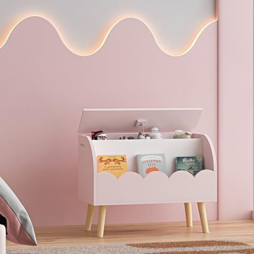 [en.casa] Baúl para Juguetes Vestnes Juguetero con Tapa de Cierre Suave Organizador de Juegos Cuarto para Niños Sala 60 x 30 x 44 cm - Rosa/Blanco