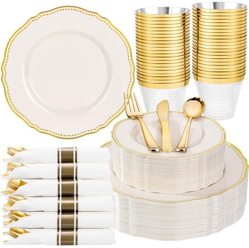 Hioasis 175pcs Ivory Gold Plastic Plates - Gold Plastic Dinnerware Set Includes 25 Dinner Plates, 25 Dessert Dinnerware, 25 Cups, 25 Napkins Perfect for Wedding & Party