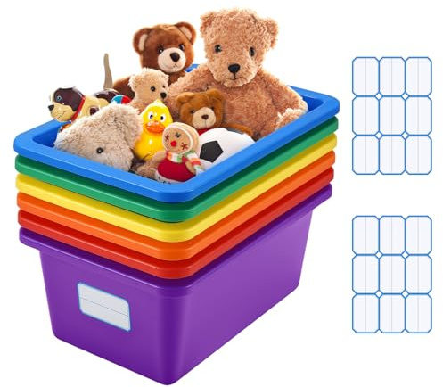 Tsudoku 6 Pcs Plastic Storage Boxes Multiple Colors Storage Baskets for Classroom, , Bathroom, Kitchen, Cupboard, Toy, Home Tidy Open Storage Bins with Self Adhesive Label (Rainbow 2)