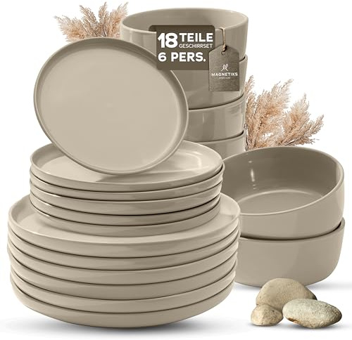 Feinsteinzeug Geschirr Set für 6 Personen, 18 Teile — massiver und kratzfester als Steingut Teller Set und Schüsseln, beige glanz | Tafelgeschirr je 6 Speiseteller, Kuchenteller & Schalen - Magnetiks
