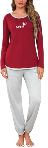 Crewhpo Pigiama Donna Invernale Pigiama Lungo Comodo Pigiama Leggero con Girocollo Pigiama 2 Pezzi con Tasca Sciolto Accogliente per Casa e Casuale Rosso XXL