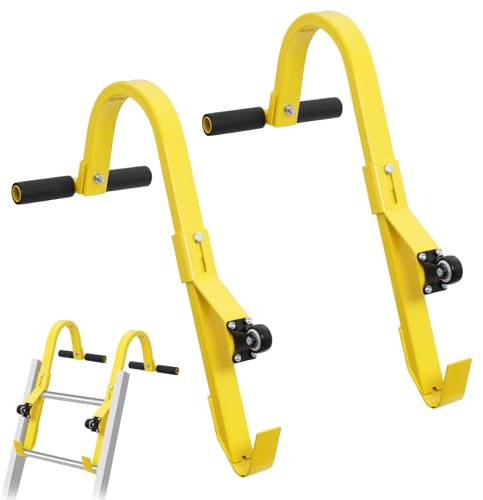 2PCS Roof Ladder Hook kit, Universal Roof Hook Ladder Kit with Wheel, Ladder Stand Off with Rubber Grips, Heavy Duty Steel 661 lbs Weight Ratin for Safe and Easy Access(Yellow)