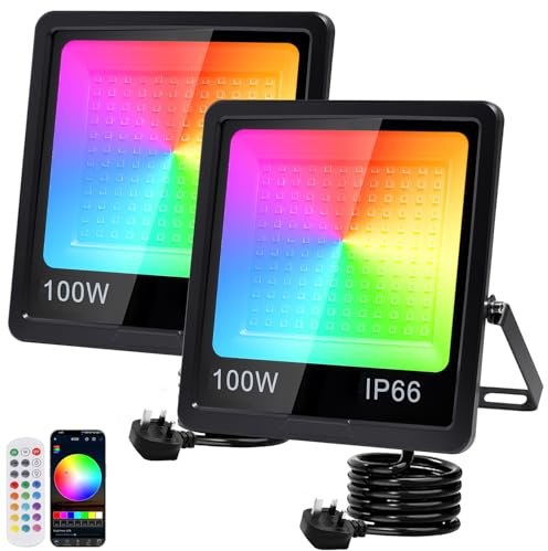 Indmird 2 Pack RGB Flood Lights Outdoor 100W, Dimmable LED Floodlights | Smart RGB Floodlights with 360° Remote and APP Control, IP66 Waterproof Colour Changing Stage Lights for Party Halloween