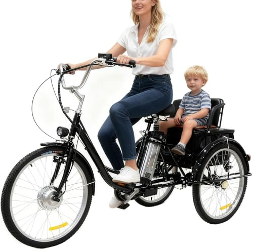 Triciclo elettrico per adulti, biciclette elettriche da 24'' con batteria posteriore al litio da 36V 12Ah, 3 modalità di guida (umana/pompa/elettrica), cestino multifunzionale per uomo e donna (black)