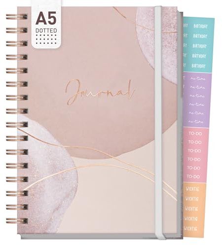Häfft Carnet à points Dotted Journal Fancy A5 à anneaux Soft Beige | 160 pages numérotées à points, papier 120 g/m² et couverture rigide – pour tenir un journal et prendre des notes