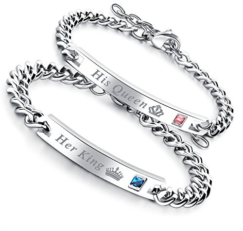 Flongo 2Pcs Bracelet Gourmette Her King & His Queen Acier Inoxydable Chaîne de Main Couple Amoureux pour Femme Homme Cadeau Saint Valentin
