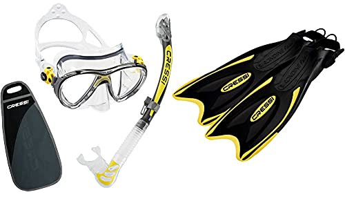 Cressi Big Eyes Evo Alpha Ultra Dry Schnorchelset Schnorcheln Set mit Schnorchel und Taucherbrille wasserdichte Tauchmaske & Palau - Premium Unisex Tauchen Schnorchel Flossen,Schwarz/Gelb,M/L (41/44)