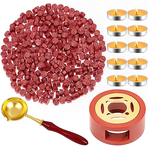 Red Wax for Letters Stamp Seals, Paxcoo 312pcs Stamp Wax Kit with Red Wax Seal Beads, Wax Seal Warmer, Wax Spoon and Tealight Candles for Wax Envelopes Mail and Wedding Invitations