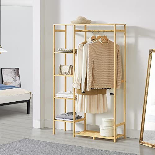 [en.casa] Organizzatore Guardaroba (AxLaxP) 145 x 90 x 30 cm Scaffalatura in Bambù con Asta Appendiabiti e Ripiani, Cabina Armadio Senza Ante - color Naturale