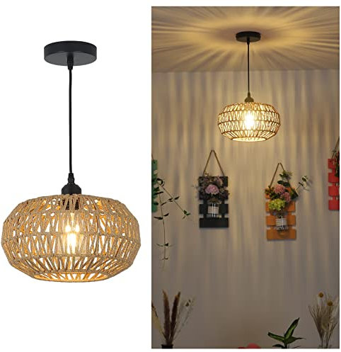 Stepeak Boho Hängelampe mit Rattan Lampenschirm, Natürliches Rattan Pendelleuchte Esstisch, Rustikal Hängeleuchte für Schlafzimmer, Bambus Hängend Deckenleuchte für Wohnzimmer, Esszimmer, Flur, Küche