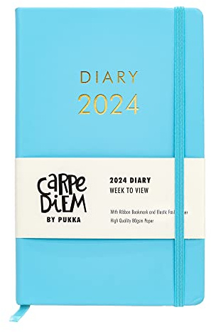 Pukka Pad, Carpe Diem 2024 Soft Cover Diary, 80GSM Paper with Monthly Calendar and Weekly Views, Includes Notes, Goals, To-Do and Wish Lists - Ribbon Bookmark, and Elasticated Closure – Blue