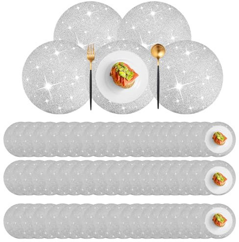 Pasimy 100 Pcs Silver Glitter Paper Place Mats 15 Inch Sparkle Round Disposable Table Mats Silver Sequin Doilies Decorative Placemats for Wedding Banquet Party Home Dining Tableware