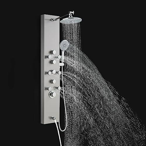 ROVOGO Shower Panel Tower System - Use 4 Functions at the Same Time: Rain Shower, Handheld, Body Jets and Tub Spout, 304 Stainless Steel Shower Column with Adjustable Head, Brushed