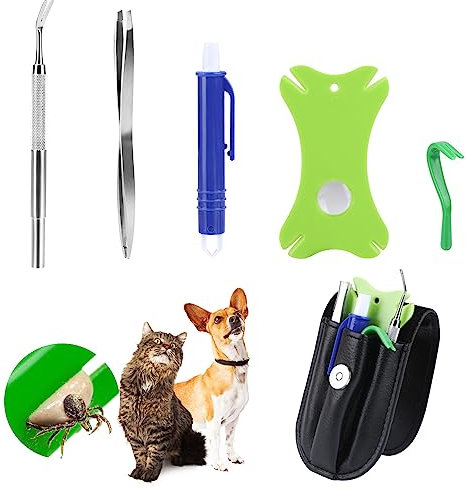 ELIAUK Zeckenpinzette 7 in 1 Set mit Etui und Zeckenkarte, Zeckenpinzette für Hunde, Katzen, Pferde, Menschen, Haustiere, Tiere