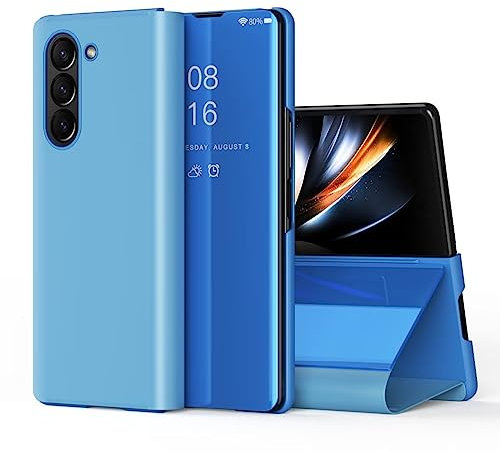 RanTuo Cover per Samsung Galaxy Z Fold 5, Specchio Traslucido Ultrasottile + Custodia Smart Flip Pelle PU, Con Staffa, Custodia per Samsung Galaxy Z Fold 5.(Blu)