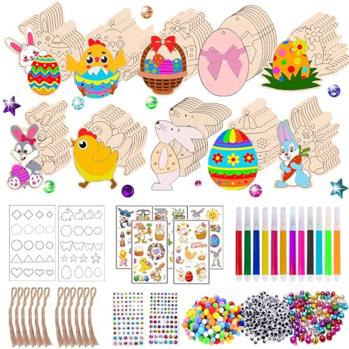 Holzanhänger Ostern Zum Bemalen,Osteranhänger Holz,291 Stück Ostern Basteln Kinder,Osterdeko Basteln Kinder,Bastelset Ostern Kinder,Mit Aquarellstift,Strass,Deko Schnur, Augen ,Osteraufkleber