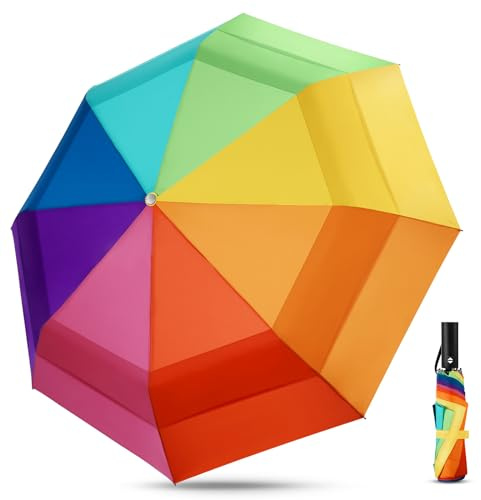 ECOBRELLA Parapluie arc-en-ciel pour adultes – Parapluie de golf surdimensionné de 137,2 cm, double couche, coupe-vent, extra large, pliable, compact, ouverture et fermeture automatiques