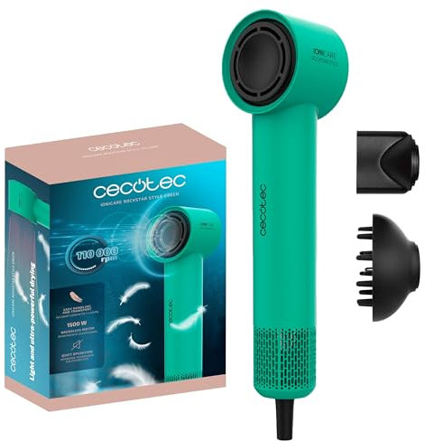 Cecotec Sèche-cheveux Ionicare Rockstar Style Green, Très Compact et Léger, Moteur 1500W 110000 Rpm, Générateur d’Ions, 4 Températures, 3 Vitesses, Silencieux : Technologie Brushless