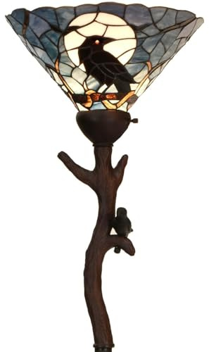 Bieye L30959 Lampada da terra in vetro colorato in stile Tiffany con corvo seduto su un ramo di albero spoglio in una notte di luna piena, per decorazioni di Halloween (Blu scuro)
