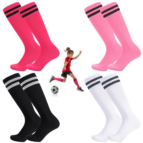 Zuimei 4 Pairs Kids Football Socks, Long Soccer Socks Breathable Football Sock Kids for Daily Running Training Sock for Kids Girls Boys Aged 5-12, Size 1-4.5
