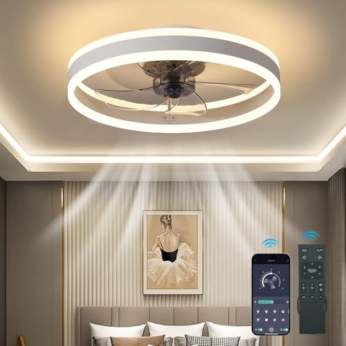 Smart Ceiling Fans with Lights and App Remote Control, Flush Mount Reversible 6-Speed LED Quiet Ceiling Fan with Timer, Dimmable, Low Profile Fan Lights Ceiling for Bedroom Living Room, 19.7 White
