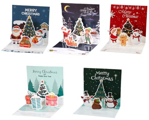 YUVKIN Pack de 5 Tarjetas de Navidad 3D Pop-Up con Sobres, 2024 Tarjetas de Felicitación Navideñas Premium de Papel, Diseño Pop-Up con Papá Noel, Hombre de Jengibre, Reno y Muñeco de Nieve (Azul)