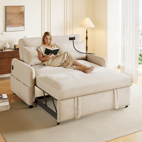 Azkoeesy Sofá cama plegable con función de sueño, sofá de 2 plazas con respaldo ajustable, soporte para teléfono móvil, USB, 2 almohadas, tela de chenilla, para salón, dormitorio, cine en casa (beige)