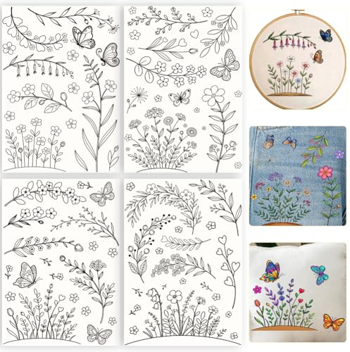 PRESSINART 26 piezas de Flores de Papel Bordado de 11.7 x 8.3 pulgadas Papel de Transferencia Soluble En Agua con Patrones de Bordado de Plantas Flores Y Mariposas Ideal para Principiantes En Costura