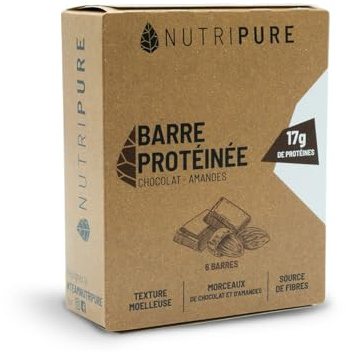 Nutripure | Barre Protéinée Bio | Sans Édulcorants ni Additifs | Moelleuse Chocolat Amande | 17g de Protéines (Blanc d'Œuf & Collagène) | Lot de 6 | Made in France