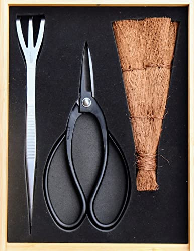 Tinyroots Bonsai Tool Kit - 3 Piece Set With Traditional Butterfly Shears, Japanese Hemp Broom, Three Pronged Rake & Bamboo Storage Case