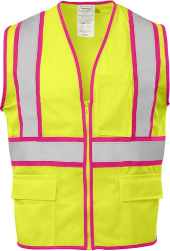 Ironwear 1284-LZ-PT-1-SM ANSI Class 2 Polyester Mesh SAFETY Vest with Zipper & 2 Silver Reflective Tape w/Pink Trim, Lime, Small