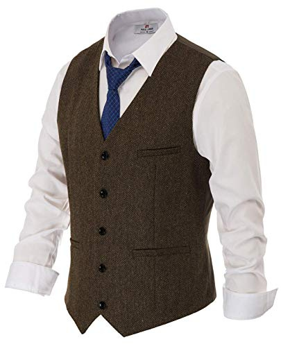 PJ PAUL JONES Mens Tweed Vest Premium Wool Blend Herringbone Waistcoat for Wedding