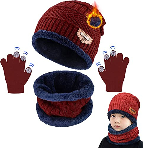 CheChury barn vintermössa vinterhalsduk handskar beanie barn stickad mössa mössa med halsduk för barn med fleecfoder mössa halsduk set halsdukar hattar för barn flickor pojkar vinterkläder