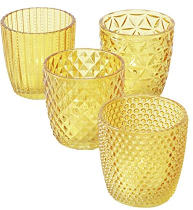 Boltze Windlicht Set Marilu 4-teilig (gelb, Deko-Gläser für Kerzen / Teelichter, Kerzenständer ø 8 cm, verschiedene Muster, Form rund, Teelichthalter) 2001878