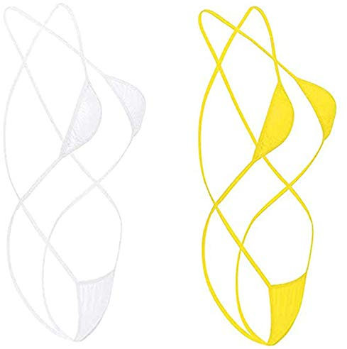 HNJZX Micro Mini Damen Bikini Set BH Bra String-Tanga Set Sexy Mini Bikini Badeanzug Bademode (Nylon, Weiß+Gelb)