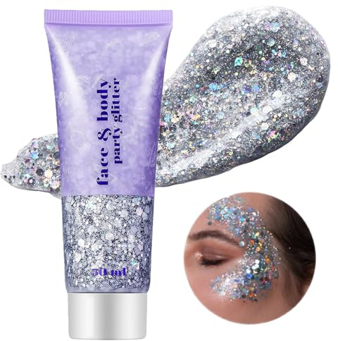 Go Ho Silver Face Glitter Gel,Singer Concerts Body/Hair Glitter Makeup,Holographic Long Lasting Chunky Sequins Glitters for Eye Lip Hair Nails,Festival Rave Accessories,05 Silver Glitter 52g