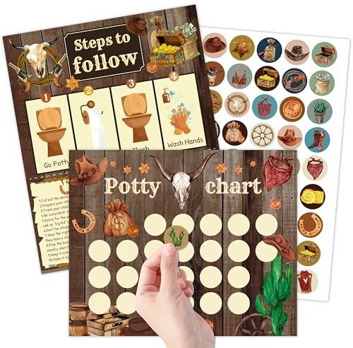 ANGOLIO Cowboy Potty Training Chart - 10 Stück Brauner Belohnungstafel Töpfchen mit 252 Töpfchentraining Aufkleber, Toilet Training Schritt Instructions Poster für Kids Kleinkinder Jungen Geschenkset