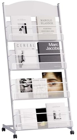 lesolar Floor-Standing Magazine Rack 4-tier Newspaper Holder Book Display Shelf Brochure Display Stand Floor Suitable for Exhibitions Shopping Malls Hospitals Offices School（Silvery