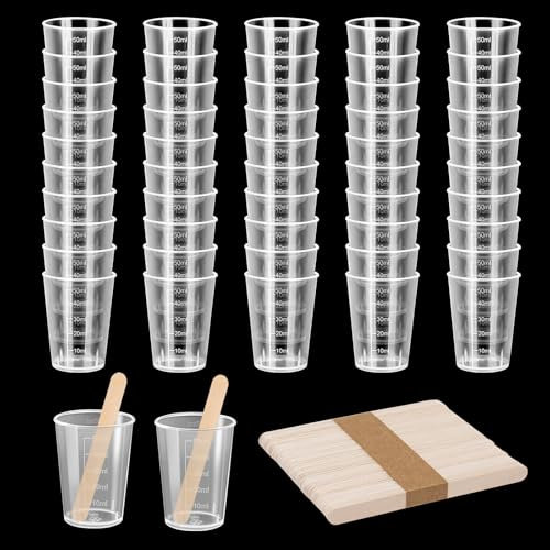 NLONLL 50 Stück Klein Messbecher Epoxidharz Mischbecher 50ml Kunststoff Messbecher mit Skala Clear Meßbecher mit 50 Stk Holzstäbchen Messbecher Set für Flüssigkeiten Harz Farbe Pigment Kochen