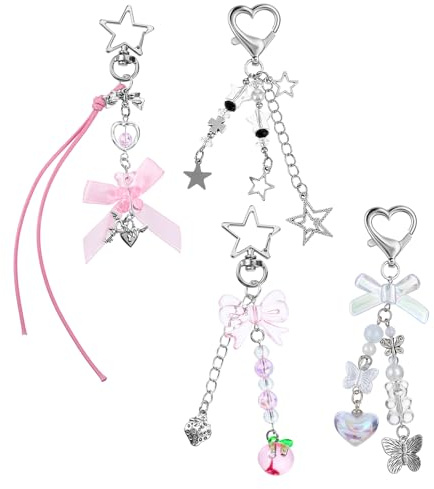4 Pcs Cute Keychain, Y2K Aesthetic Cute Keychains Accessories Pretty Butterfly Star Heart Strawberry Bow Keyring 4 Styles Y2K Keychains for Phone Bag Keys Camera Backpacks Pendants Decor Women Gifts