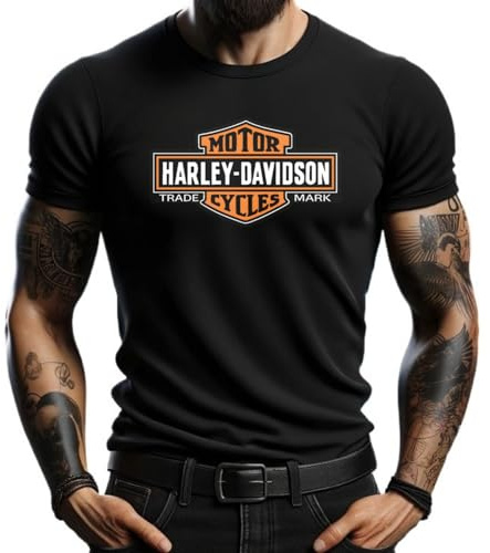 4people Camiseta Negra Harley con Logotipo Clásico en Naranja - Estilo Casual para Amantes del Motociclismo (FR/ES, Letras, L, Regular, Regular, Negro)