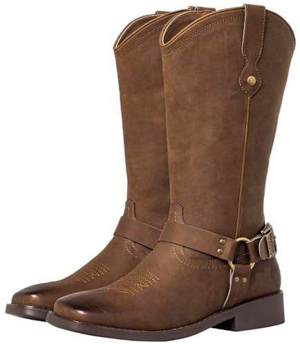J's.o.l.e Modische Cowboystiefel für Damen, mit Schnallenriemen, breite Wade, quadratischer Zehenbereich, Westernreitstiefel, Cowgirl-Stiefel, Braun, 42 EU