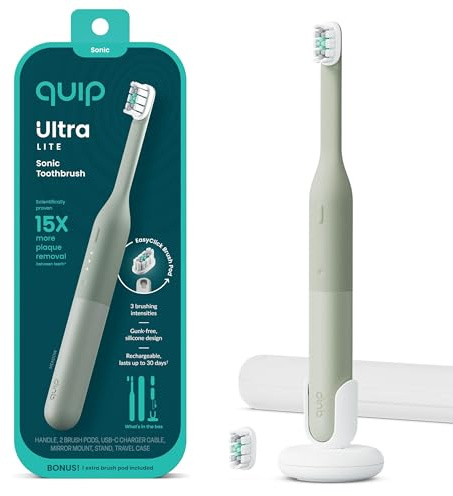 Quip Ultra Lite Sonic Electric Toothbrush, Slim Lightweight Design, 3 Brushing Modes, 15X More Plaque Removal, Pressure Sensor & 30-Day Battery, Meadow Green