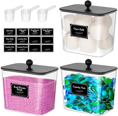 Lifewit 3 x 2 700 ml tvättmedel förvaring med bambulock och sked, svart | Plast tvättpulver förvaringslåda med etikett för pulver, doftpärlor, booster, tvättpods, diskmaskinstabletter