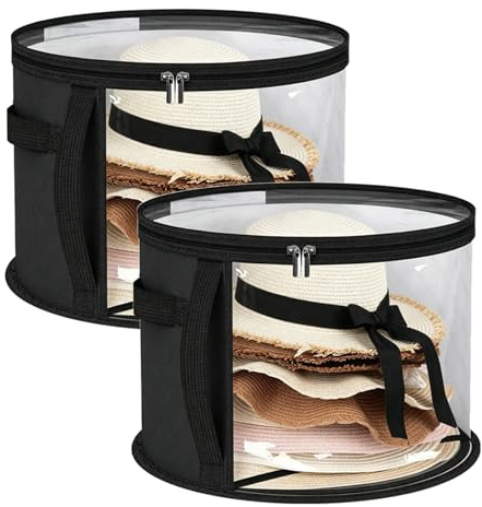 Pxvelcn 2PCS Foldable Travel Hats Boxes Storage, Round Hat Box with Transparent Window, Hat Box for Travel, for Women and Men (2PC Black, 16.5 * 10.9inch)